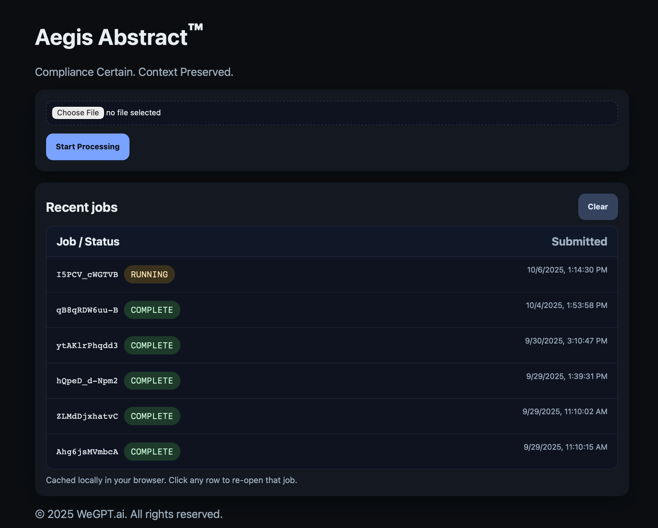 First of three stacked sceenshots of Aegis Abstract's demo user interface, showing a list of Jobs abd Statuses.