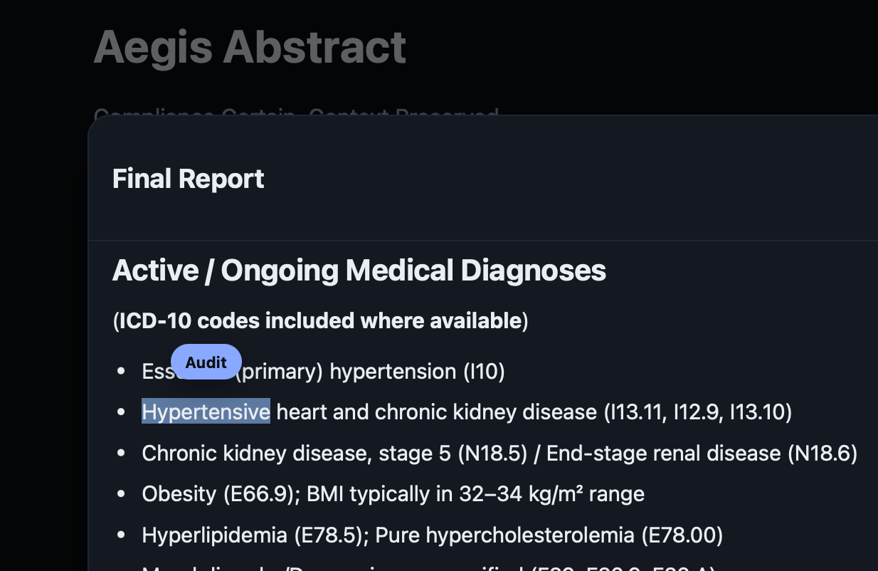 Second of three stacked sceenshots of Aegis Abstract's demo user interface, showing a Final Report with 'highlighted text' and 'Audit' button visible.