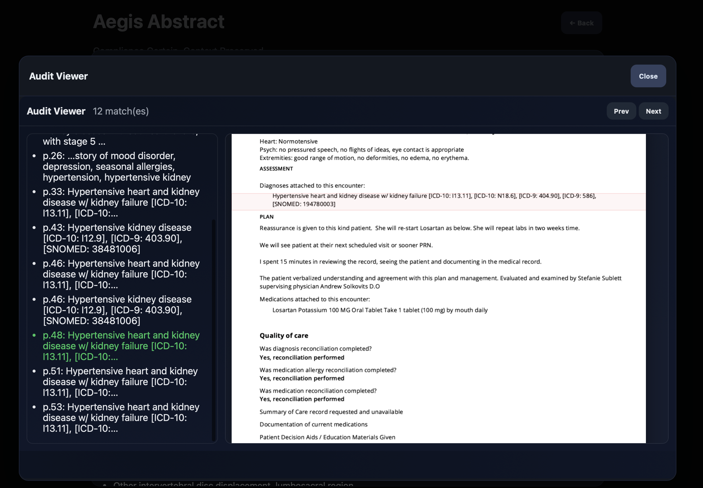 Third of three stacked sceenshots of Aegis Abstract's demo user interface, showing an Audit Viewer with a left-hand list of matches and righ-hand view of the original .pdf file with the selected matched list item highligthed on the .pdf page.